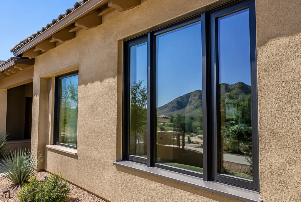Black-frame Milgard windows on an Arizona home