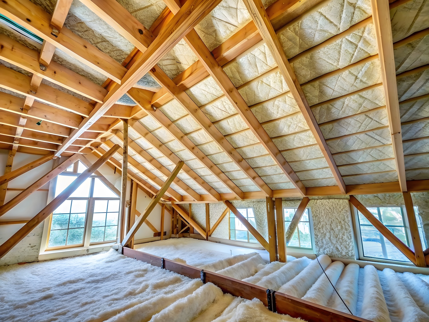Attic insulation installed between framing
