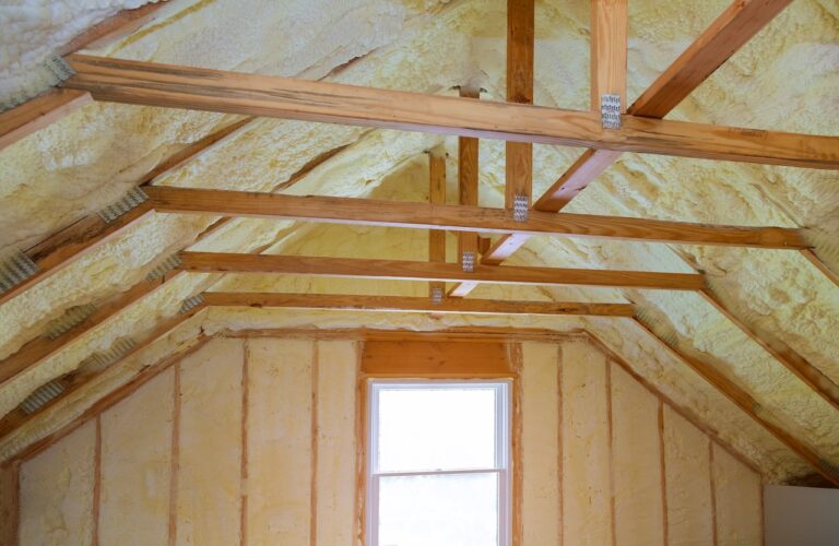Insulation of attic with foam insulation cold barrier and insulation material polyurea Spraying, foam coating